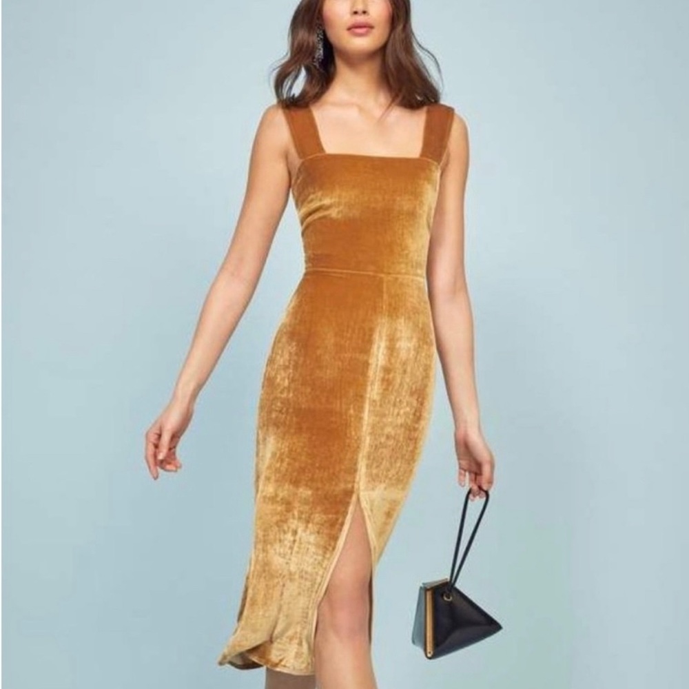 New Reformation Emira Gold Silk Blend Velvet Square Neck Front Slit Midi Dress 2